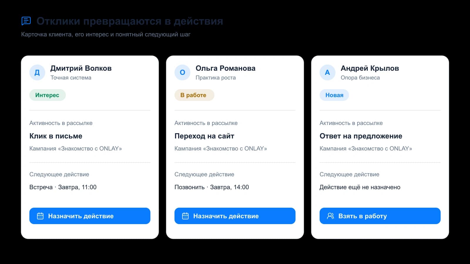 Ответы клиентов и запланированные действия в ONLAY